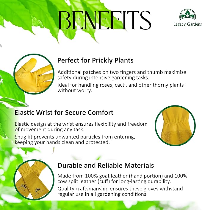 Leather Gardening Gloves for Women & Men, Long Garden Gloves, Cowhide Gauntlet Rose Pruning Thorn Resistant, Forearm Protection, Large, yellow