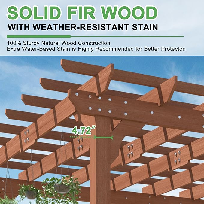 BlueWish 12'x12' Pergola with Solid Fir Wood Frame, Patio Wood Gazebo Backyard Gazebo Pergola Kits with Slatted Roof Trellis & Stakes for Deck Yard Grill Party Garden