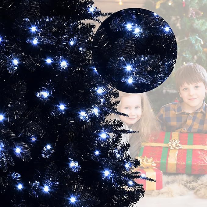 6FT PreLit Black Christmas Tree with 350 Lights, Artificial Fake Christmas Tree with 1460 PE&PVC Branch Tips, Halloween and Xmas Tree for Holiday Decorations, Metal Stand and Hinged Branches