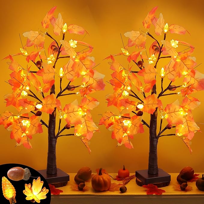2 Packs 24 Inch Lighted Maple Tree Fall Thanksgiving Decorations with 48 LEDs Timer Battery Operated 3D Acorn Maple Lampshade Artificial Autumn Tree Lights for Thanksgiving Table Decor Home Indoor