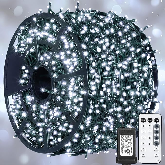 weillsnow 328 FT 1000 LED Christmas String Lights with Remote & Timer, 8 Lighting Modes Twinkle Lights, Waterproof Fairy Lights for Outdoor Bedroom Backyard Tree Wall Christmas Decoration (White)