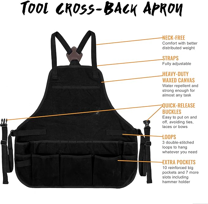 Under NY Sky Tool Apron - 20 Pockets and Slots, Cross-Back, Heavy-Duty Waxed Canvas - Woodwork, Garden, Shop (Black Cross-Back)
