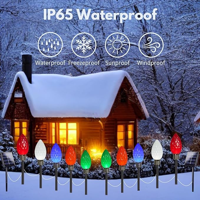 IDEAALS 10 Pack Jumbo Multicolor Solar C9 Christmas Lights Outdoor，LED Solar Pathway Lights Waterproof, Strawberry Light Christmas Decorations Outdoor for Walkway Party Patio Garden Lawn Yard Decor