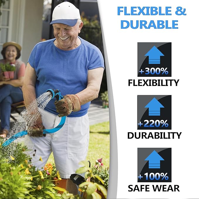 50 ft Garden Hose -Heavy Duty Water Hoses, Kink-free, Flexible&Lightweight Car Washing Pipe with 3/4" Solid Brass Connectors, Rubber Hoses with Spray