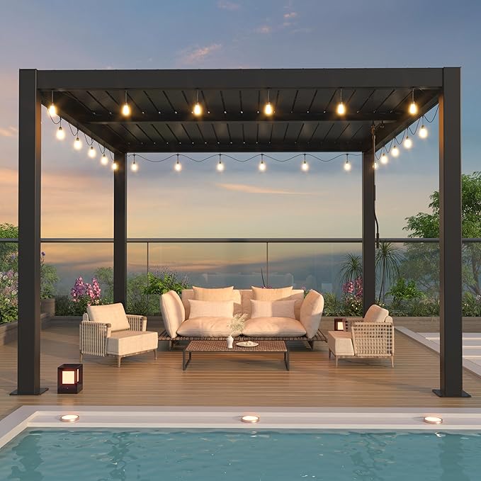 LVUYOYO Outdoor Louvered Pergola 10' x 10' with LED String Lights, Aluminum Pergola with Adjustable Roof, Waterproof Metal Gazebo for Patio, Backyard, Garden, Deck (10x10FT with Lights)