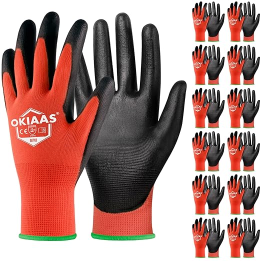 OKIAAS Men's Ultra-Thin and Lightweight Working Gloves with Grip, 12 Pairs Bulk Pack, Construction Gloves with Polyurethane Coating, Safety Gloves for Light Duty Work, Red, Medium