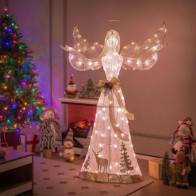 Tangkula 5 FT Lighted Christmas Angel, Outdoor Pre-lit 3D Glittered Angel with 100 Warm White Lights, Halo, Bow, Ground Stakes, Outdoor Christmas Decoration for Lawn Yard Garden
