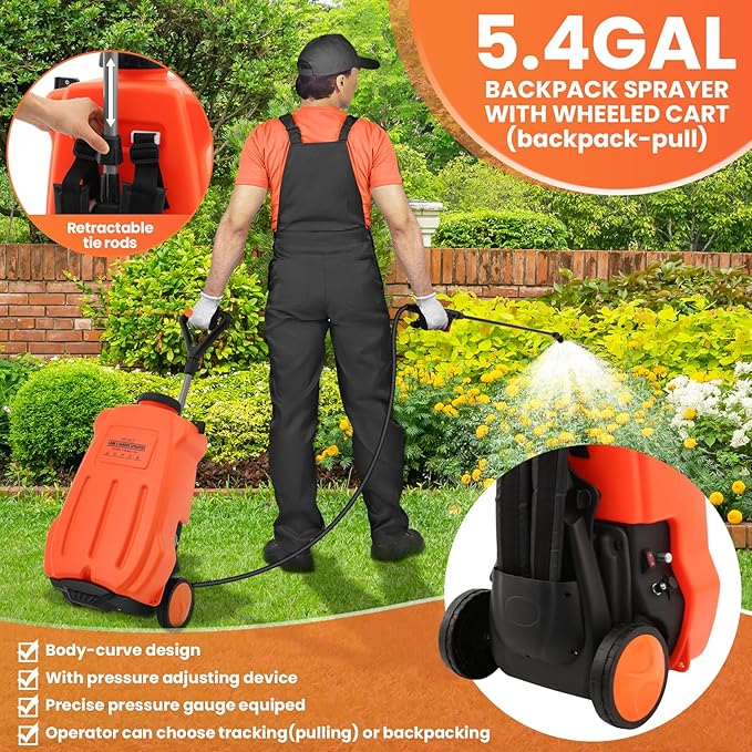 Battery Powered Backpack Sprayer 5.4 Gallon,Adjustable Wheeled Cart, 0-94 PSI,6 Hours Long Battery Life,12V 8Ah Battery,Backpack Sprayer with 4 Nozzles for Weeding, Spraying, Cleaning