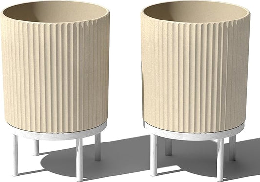 Veradek Demi Series Round Planter w/Stand for Porch/Patio | Durable Plastic-Stone Composite & Wooden Stand | Modern Décor for Tall Plants, Flowers