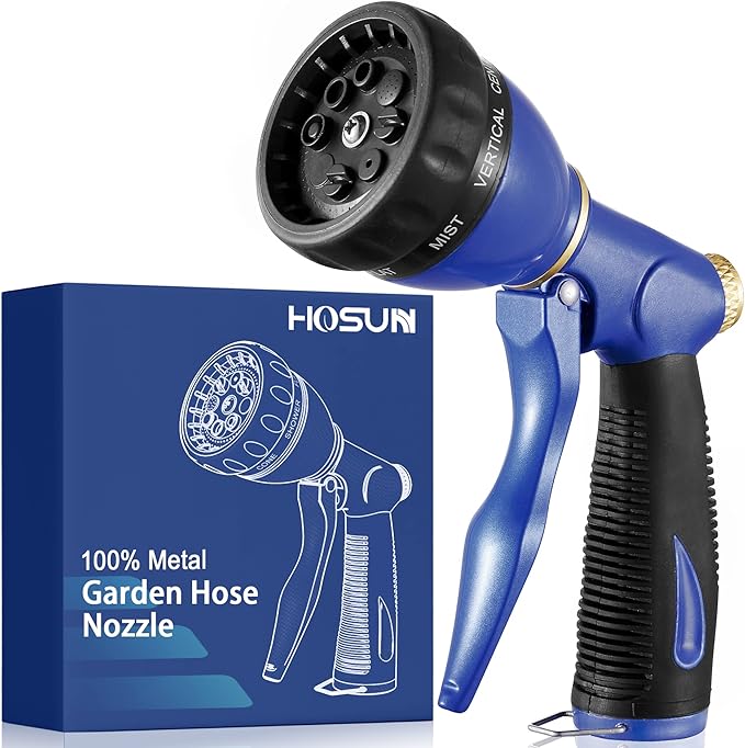 HOSUN Garden Hose Sprayer Nozzle 100% Heavy Duty Metal, Water Hose Nozzle with 8 Different Spray Patterns, High Pressure Hose Spray Nozzle for Watering Plant & Lawn, Washing Car & Pet Blue