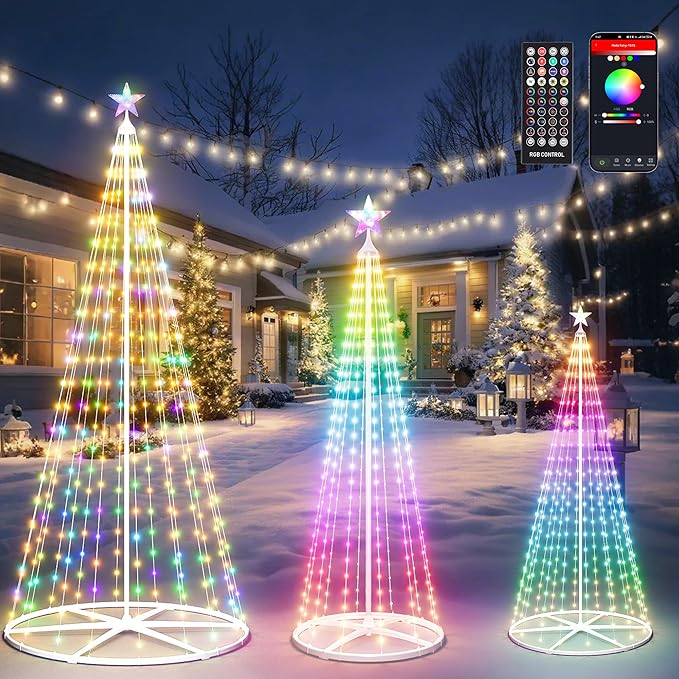 3-Pack Smart Outdoor Lighted Christmas Trees, LED Christmas Tree for Indoor Outdoor, Smart Christmas Cone Tree with Star Topper, Music Sync, DIY Color Changing, Remote & APP Control