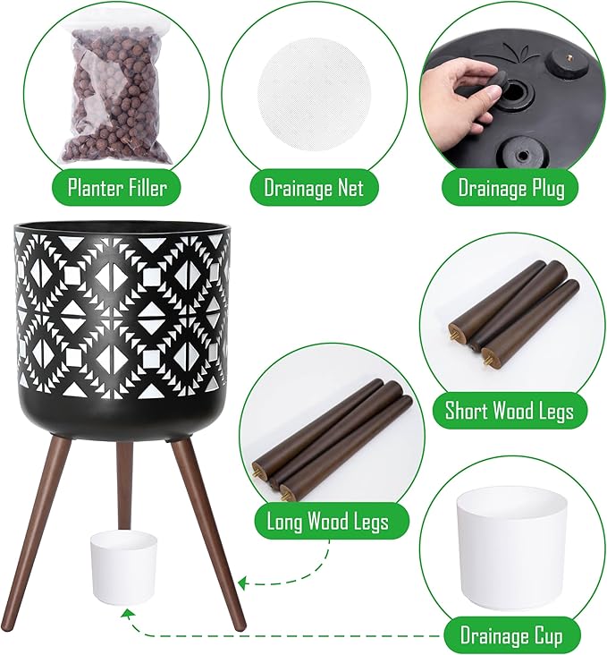 D'vine Dev 16 Inch Planter Pot with Stand, Mid-Century Tall Plant Pot with Legs for Indoor Plants, White/Black, 88-G-E-4