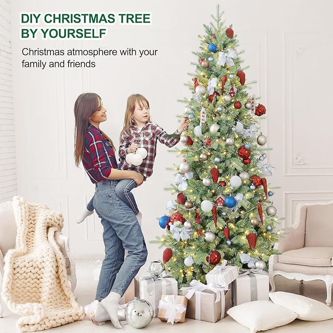 7 FT Prelit Artificial Skinny Christmas Tree,Blue Spruce Slim Pencil Xmas Tree with 1552 PE&PVC Mixed Branch Tips and 400 UL Listed Clear Lights,Hinged Pine Tree with Metal Stand for Home Office Décor