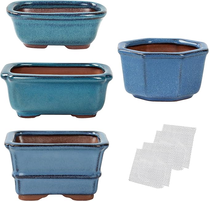 Bonsai Planter Succulent Mini Glazed Pots Value Set of 4, with 4 Soft Mesh Drainage Screens