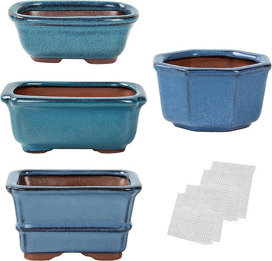Bonsai Planter Succulent Mini Glazed Pots Value Set of 4, with 4 Soft Mesh Drainage Screens