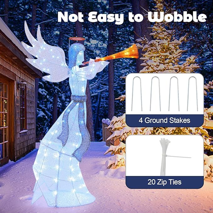 Tangkula 5 FT Christmas Angel with Trumpet, Outdoor Xmas Pre-Lit Angel with Halo, Wings & 100 LED Lights, Ground Stakes & Zip Ties Included, Lighted Winged Holiday Figure for Home, Yard