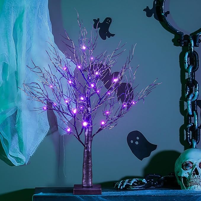 LIGHTSHARE 26IN Halloween Willow Bonsai 20LED Lights Artificial Black Spooky Tree Purple for Home, Festival, Nativity, Party, and Christmas Decoration, Plug in or Battery