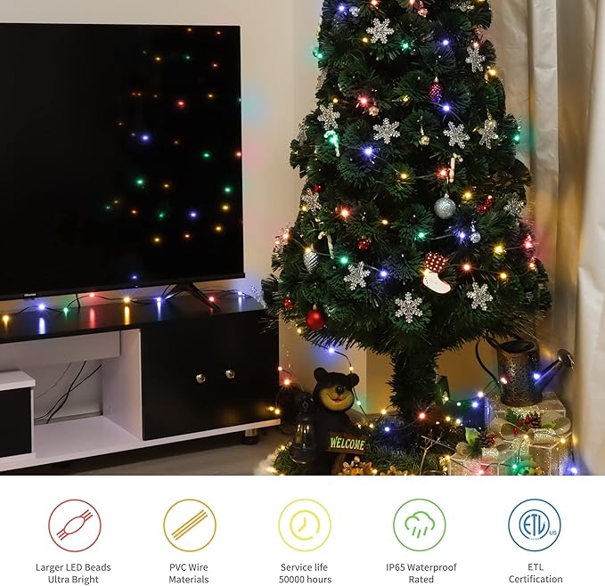 LJLNION 1000 LED Fairy String Lights, 328FT Long Outdoor Christmas Lights, Waterproof IP65 Green PVC Copper Wire Lights, 8 Lighting Modes Plug in for Xmas Tree Holiday Party Wedding Decor, Multicolor