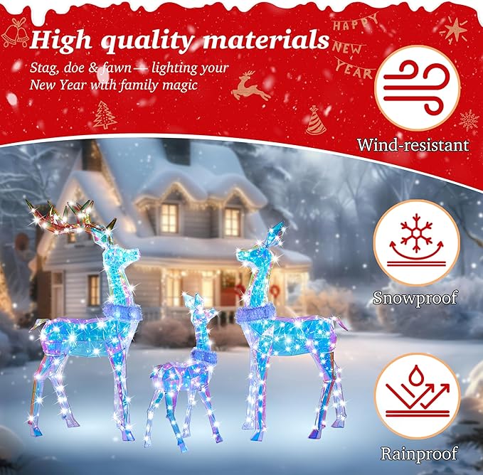 54 Inch 3D Colorful Large Lighted Christmas Deer Decorations 3-Piece Outdoor Holiday Decorations Reindeer Set with 245 Warm White LEDs, Large Yard Display for Garden, Storefront