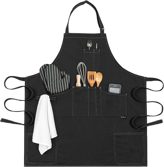 opux Chef Apron for Men, Kitchen Apron with Pockets for Women, Large Unisex Canvas Apron for Cooking Grilling BBQ Baking.