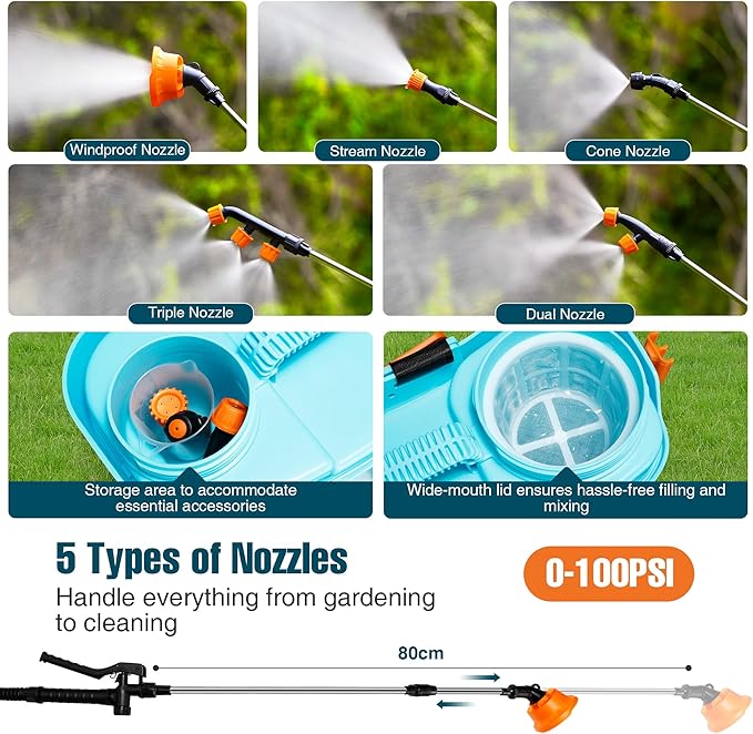 Battery Powered Backpack Sprayer 4 Gallon, with Auto Mixing, 100 PSI Backpack Sprayer 4 Gallon with 5 Nozzles, Electric Garden Pump Sprayer with 8Ah Battery, for Weeding, Spraying & Cleaning