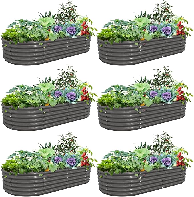 A ANLEOLIFE 6 Pcs 8X4X1.5 ft Oval Large Galvanized Raised Garden Beds Outdoor for Planting Vegetables Flowers Herb, Quartz Grey