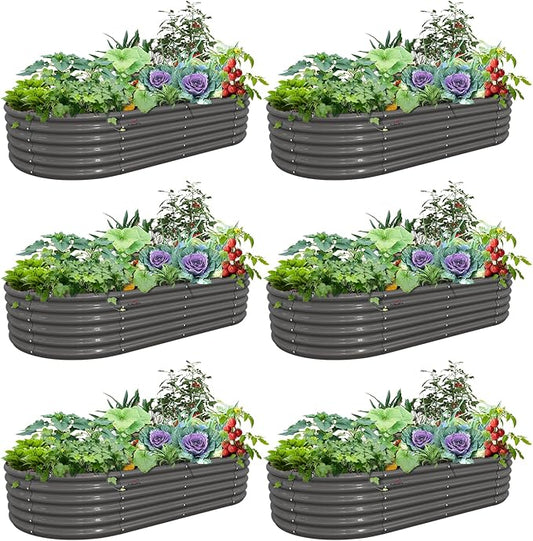 A ANLEOLIFE 6 Pcs 8X4X1.5 ft Oval Large Galvanized Raised Garden Beds Outdoor for Planting Vegetables Flowers Herb, Quartz Grey