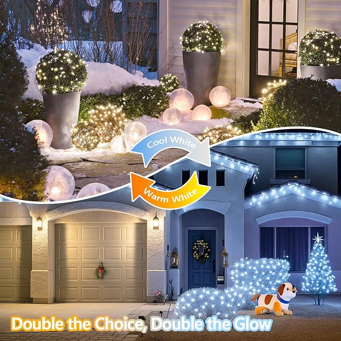 Warm White and Cool White Color Changing Solar String Lights for Outside, 2 Pack 400LED Solar Christmas Lights Outdoor, Waterproof Copper Wire with 8 Modes Twinkle Fairy Light for Tree Christmas Decor