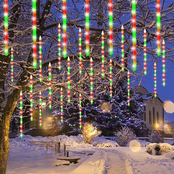 Meteor Outdoor Icicle Lights - 12 Inch, 288 LED, Snow Falling, Connectable, Red & Green, Xmas Wedding Party Tree Decor