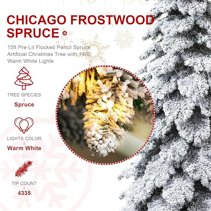 Glitzhome 15ft Prelit Christmas Tree, Artificial Christmas Tree with 1400 Warm White Lights, Flocked Pencil Tree Chicago Frostwood Spruce w/4335 PE&PVC Branch Tips and Sturdy Metal Stand, Simple Setup