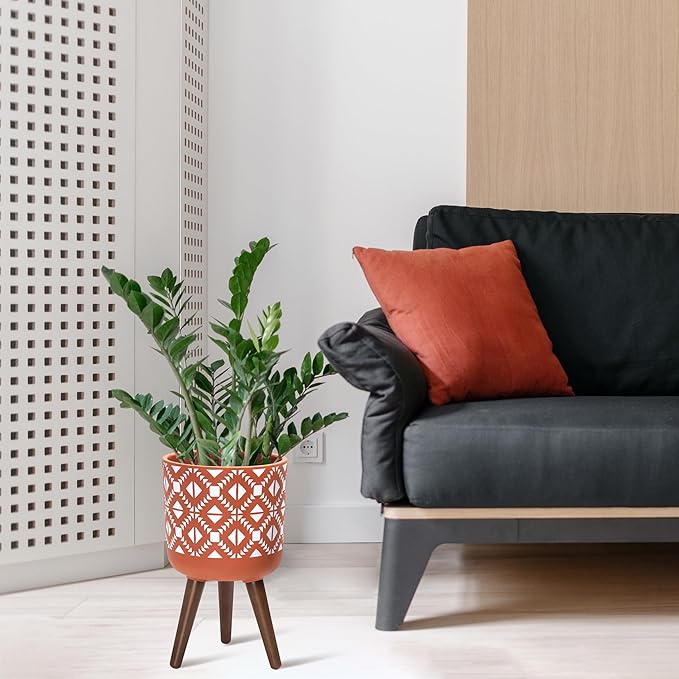 D'vine Dev 10 Inch Planter Pot with Stand, Mid-Century Tall Plant Pot with Legs for Indoor Plants, Pottery Red Terracotta/White, 88-G-B-5