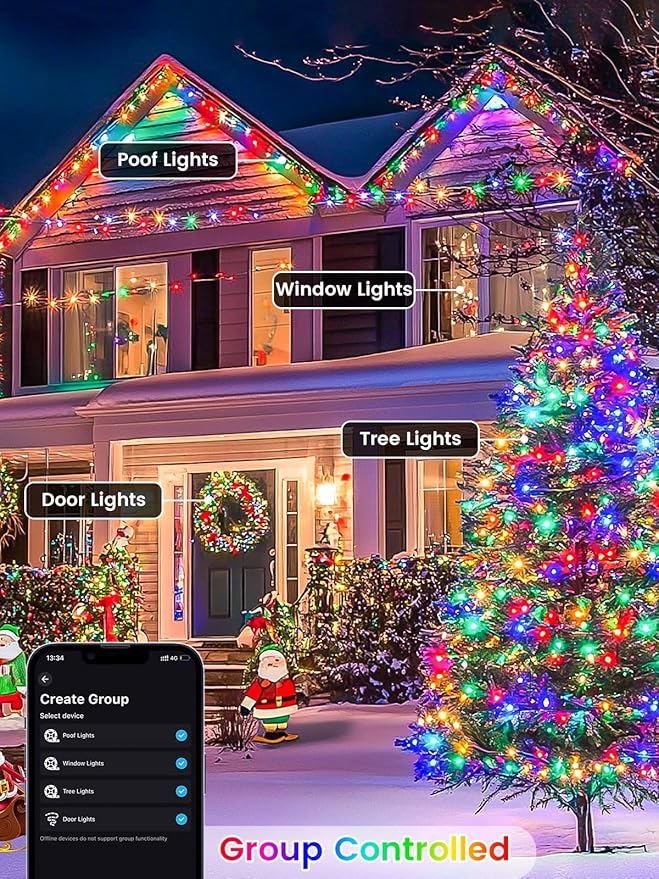 Smart Color Changing Christmas Lights with Remote & APP, 208FT 600 LED RGB Dimmable Christmas String Lights, Waterproof Fairy Twinkle Light for Indoor Outdoor Xmas Tree Wedding Halloween Decorations
