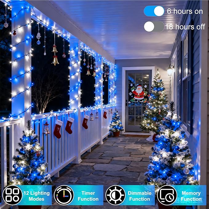 750 LED 240FT Christmas String Lights Outdoor, 12 Pro Modes and Timer Memory & Brightness, Plug in Waterproof Dark Green Wire Twinkle Light for for Xmas Yard Tree Wedding Party Decor (Blue & White)
