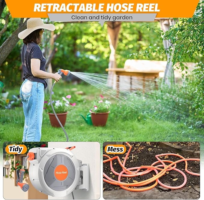 Retractable Garden Hose Reel, EliteEdge 1/2 In x 130 Ft With 9 Function Sprayer Nozzle, Any Length Lock, Automatic Rewind and Slow Return System, Wall Mounted and 180 Deg Swivel Bracket