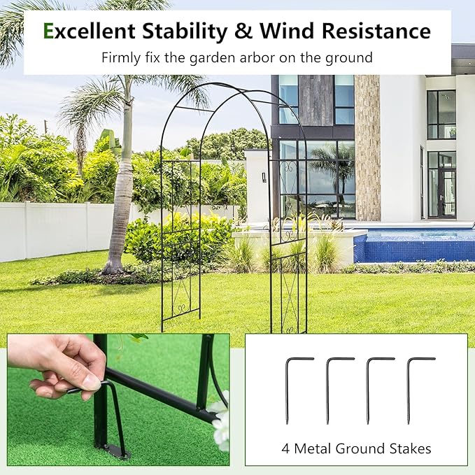 Moccha Garden Arch, 7.2Ft Metal Arbor for Climbing Plants, Vines, Roses, Outdoor Pergola Trellis with Stakes, Wide Garden Archway Arbor Trellis for Lawn Wedding Bridal Party Decoration Ceremony