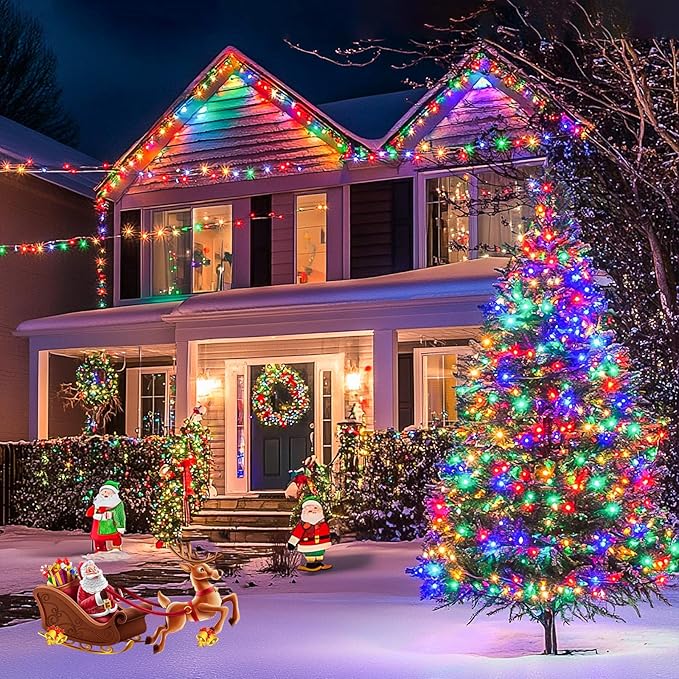 JMEXSUSS 168FT 600 LED Christmas Decor Lights - 8 Modes Multicolor Outdoor/Indoor Waterproof Plug-in Party Holiday Decorations