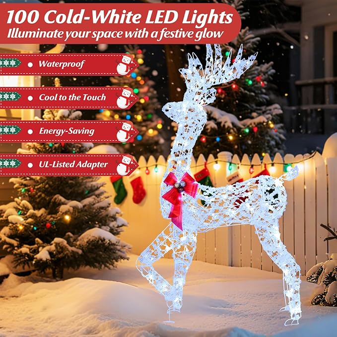Tangkula 5 FT Lighted Christmas Reindeer, 3D Standing Lighted Buck Deer with LED Lights, Indoor/Outdoor Lighted Holiday Decor for Yards Garden Lawn Patio