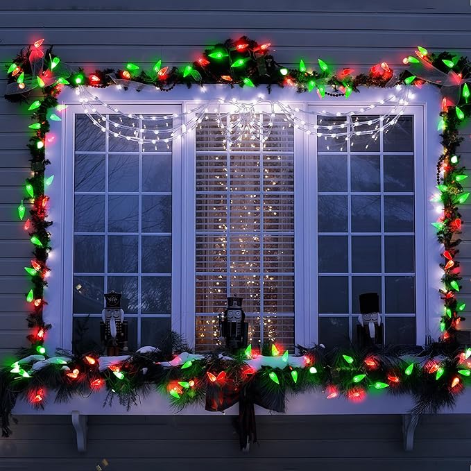 WBao Battery Operated Christmas Lights 60 LED 20ft, C6 Christmas String Lights with 8 Modes, Timer, Waterproof Design for Indoor Outdoor Christmas Trees, Fence, Stairs Xmas Decorations, Red Green