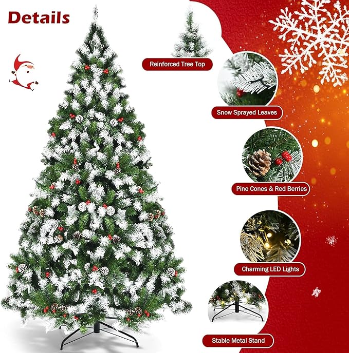 SIMOE 7.5ft Pre-Lit Christmas Tree, Snow Flocked Artificial Xmas Tree w/ 1,398 Hinged Branch Tips, 550 Lights, 8 Lighting Modes, Indoor Holiday Festival Decoration