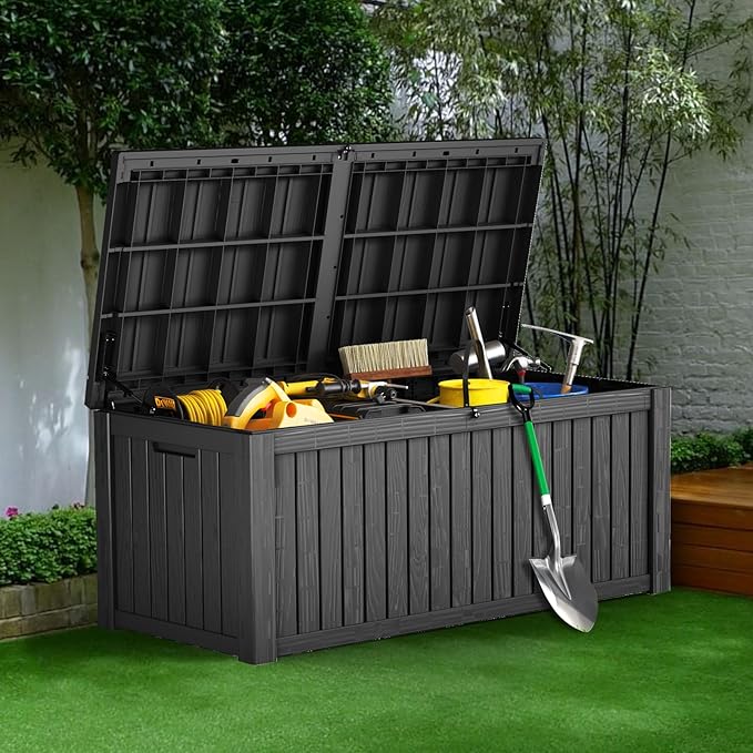 180 Gallon Waterproof Large Resin Deck Box Indoor/Outdoor Lockable Storage Container and Seating for Garden, Pool, and Patio (180 Gallon, Black)