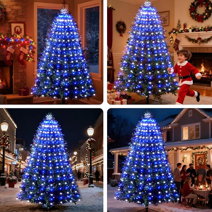 Christmas Tree Lights Christmas Lights Outdoor Indoor Blue 400Led 10 Lines with 8 Light Modes, Timer and Remote Control, Waterfall Tree Lights for Wedding Home Party 6Ft-9Ft Xmas Tree Decorations