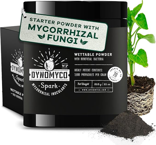 DYNOMYCO Spark WP Mycorrhizal Fungi, 11oz Wettable Powder – 3-In-1 Root Enhancer Amplifies Nutrient Uptake & Yield – Treats 70Plants, Indoor/Outdoor Bio-Stimulant – Dissolves Fast in Seed Starter Soil