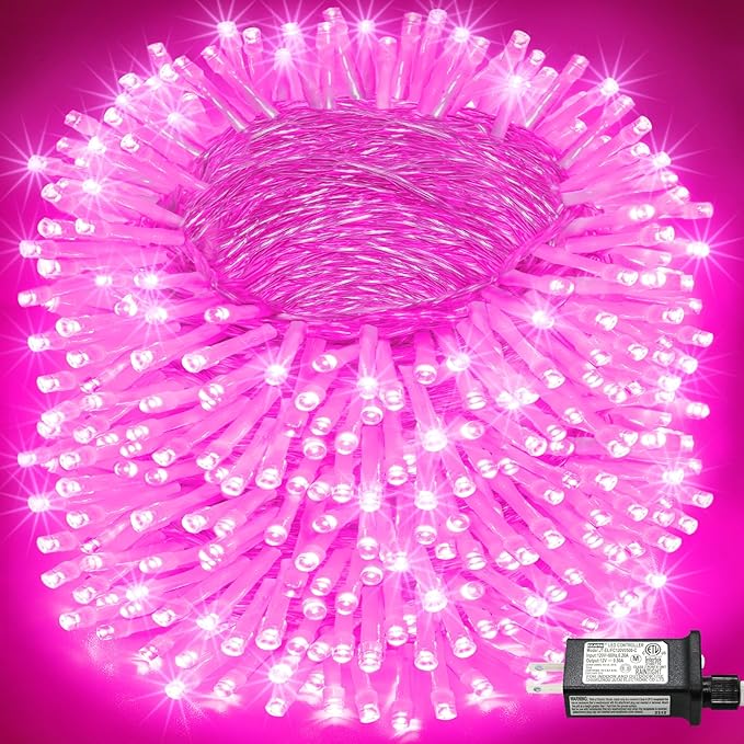 800 LED Christmas Lights Outdoor Indoor, String Lights for Outside with 8 Modes Waterproof, Plug in Twinkle Light Clear Wire for Xmas Tree, Patio, Garden, Party Decorations, Pink