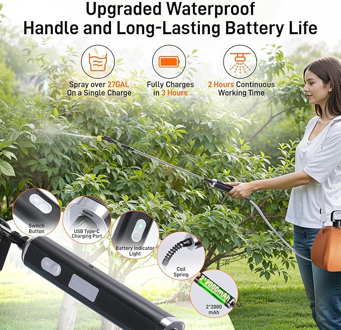 Electric Garden Sprayer 2.1 Gallon, 4 Mist Nozzles, Telescopic Wand, Adjustable Shoulder Strap, USB Rechargeable Waterproof Handle, Automatic Plant Mister for Lawn Garden