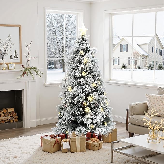 LuxenHome 6FT Flocked Christmas Tree, Christmas Tree with Lights, Pine Cones and Red Berries, White Artificial Trees with 100 LED Lights, 243 PVC and Bristle Tips for Living Room, Entryway Decor