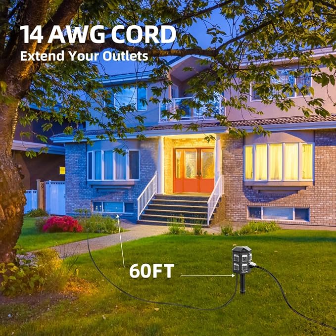 TiFFCOFiO Outdoor Power Strip with 60 FT Extension Cord, 100FT Remote Control, Dusk to Dawn Light Timer Waterproof, 6 Grounded Outlets for Yard, Pool and Garden, ETL Listed