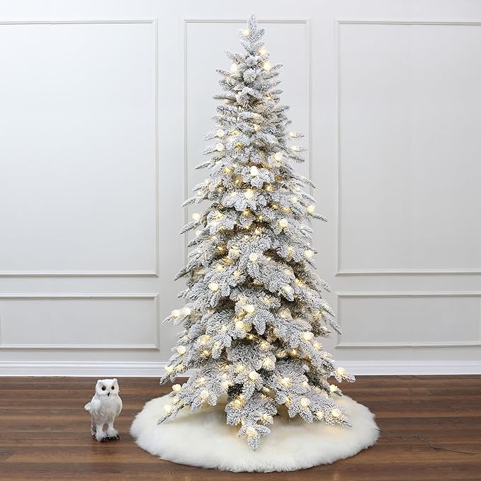 LuxenHome 6FT Flocked Christmas Tree with Lights, Downswept Slim Prelit Christmas Tree with 300 Adjustable LED Globe Lights, 920 PE+PVC Tips, Lighted Xmas Trees for Holiday Decoration