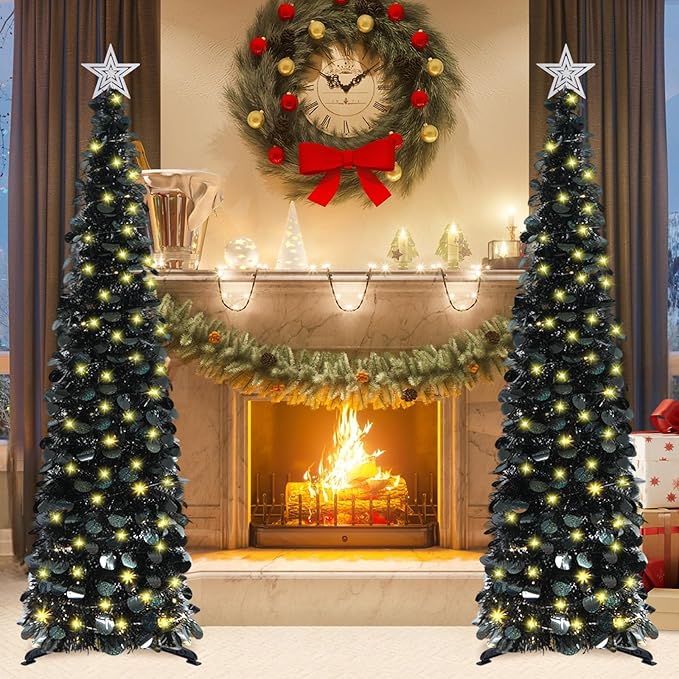 HMASYO 5 FT Pop Up Christmas Tree with Timer Lights, Black Christmas Tinsel Tree, Collapsible Artificial Pencil Christmas Tree for Indoor Home Apartment Porch Holiday Party Decorations