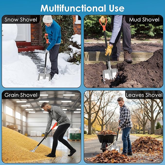 Aluminum Snow Shovel for Driveway – 40" Long Square Shovel with D Handle, Large Capacity Flat Shovel, Portable Snow Removal Tool for Home Garage Garden Camping Emergency, Orange