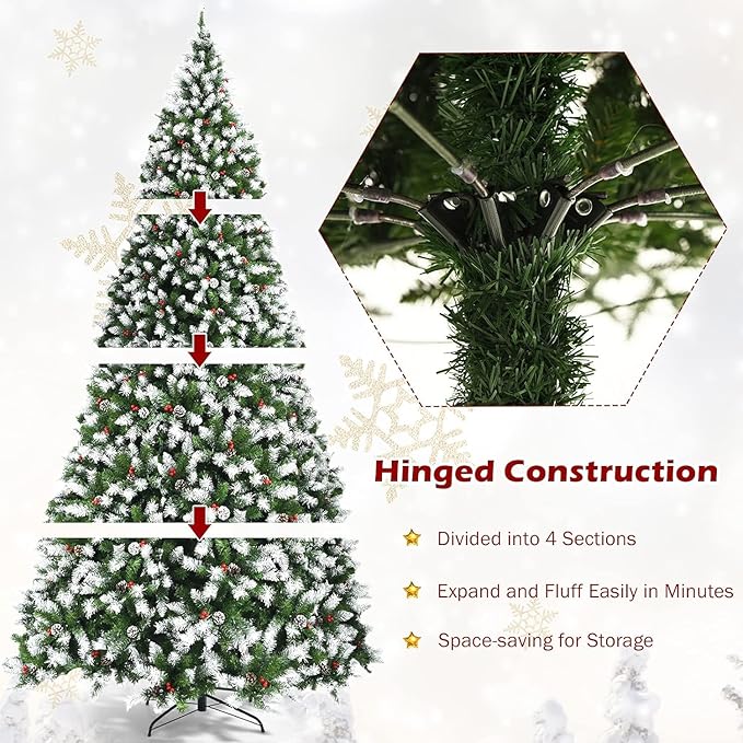 SIMOE 9ft Pre-Lit Snow Flocked Artificial Christmas Tree w/ 2058 Tips, Pine Cones & Berries, Xmas Tree w/Metal Stand and Hinged Branches, Easy Assembly Indoor Holiday Decor